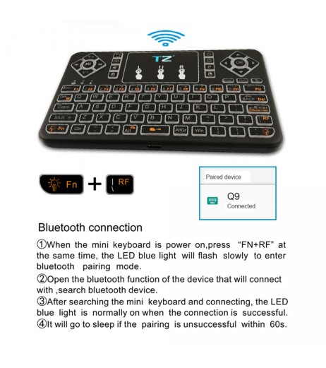 Q9s Bluetooth Wireless Mini Keyboard  Colorful Backlit with Touchpad Q9 Air Mouse Remote Control For Android TV Box Tablet