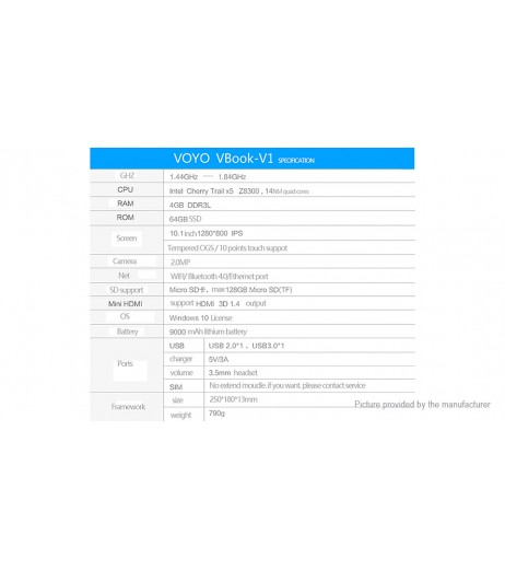 VOYO VBook V1 10.1" IPS Quad-Core Windows 10 Tablet PC (64GB)